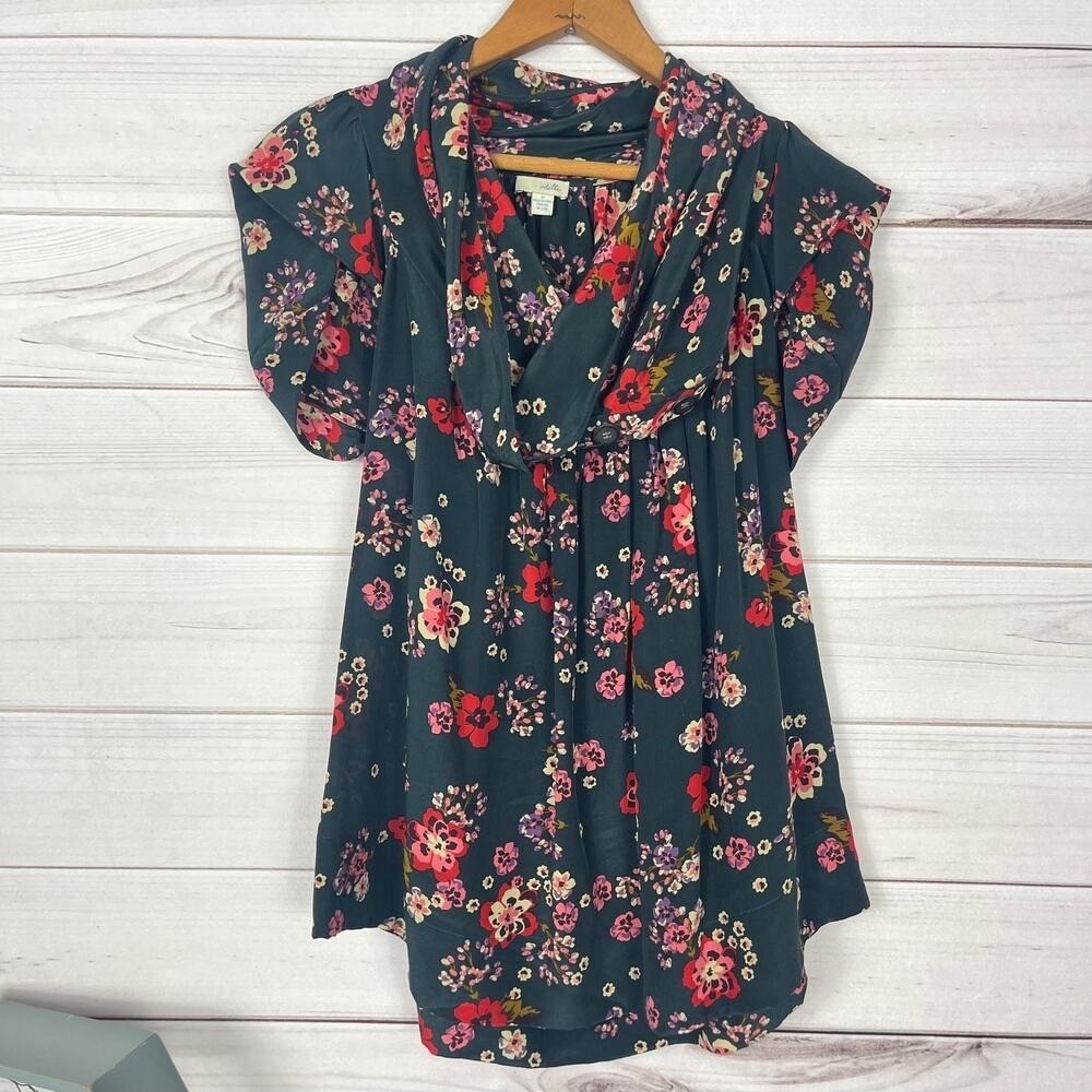 Odille‎ Floral Blouse Women Size 0 Teal Red Draped Cowl Neck Flutter Sleeve Top